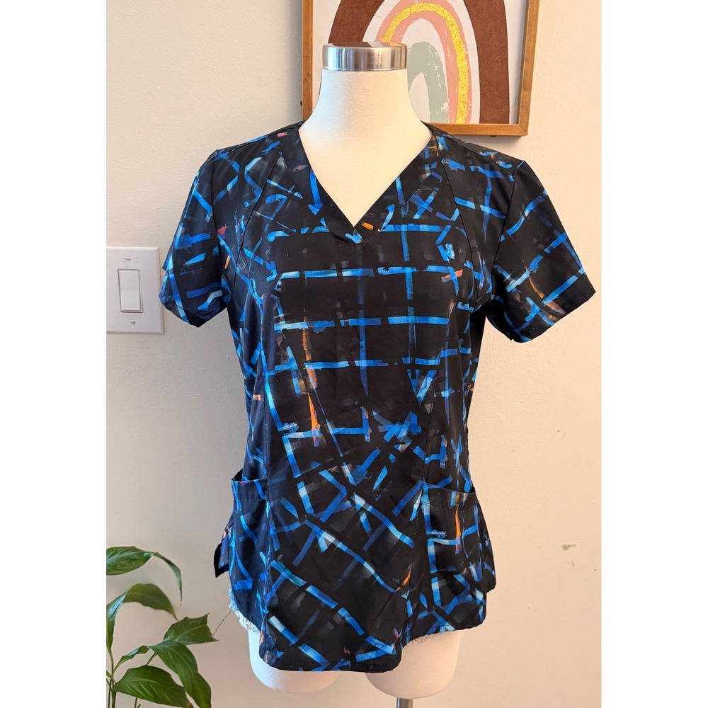 Barco One Scrub Top Womens Size M Black Blue Abstract Print V-Neck Medical 5107